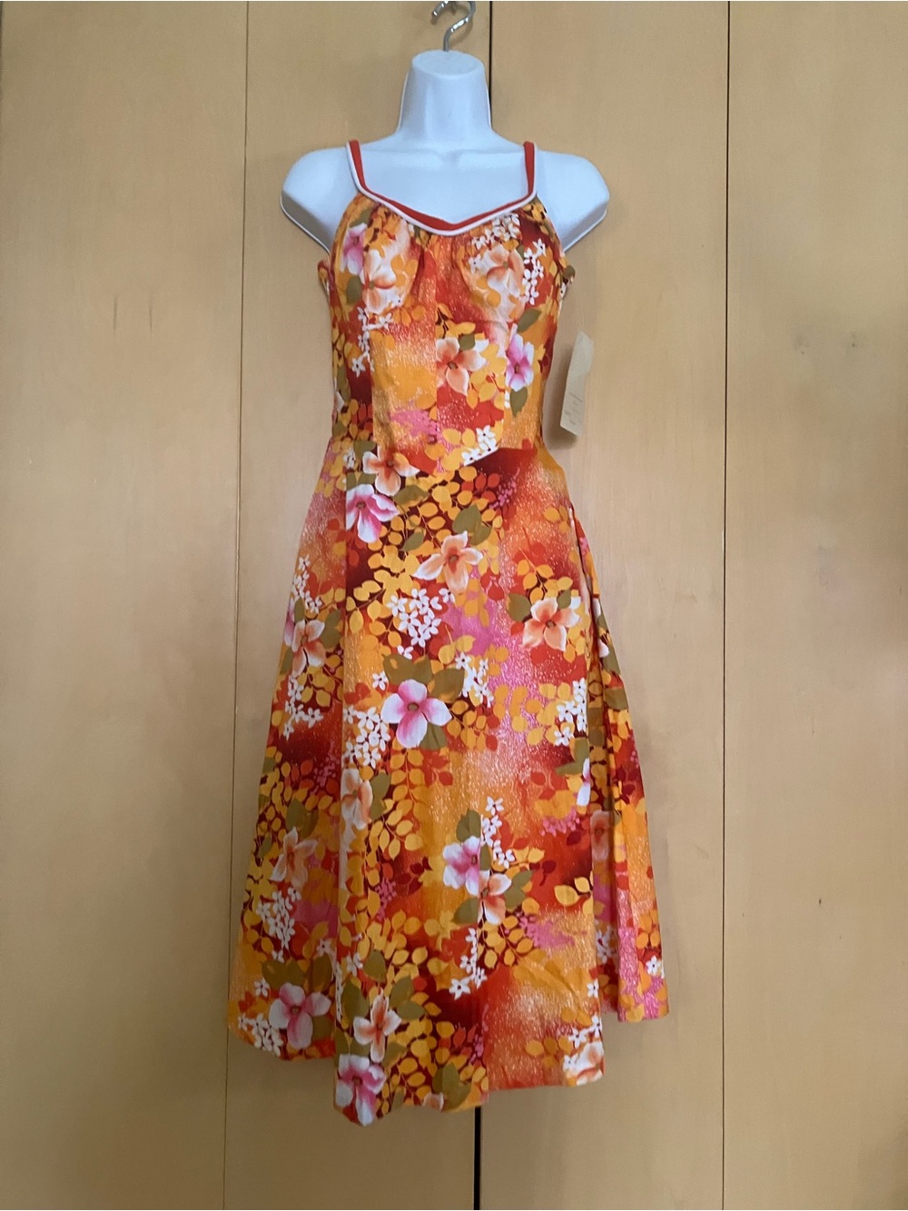 Vintage Floral Orange A-Line Sundress with Spaghetti Straps